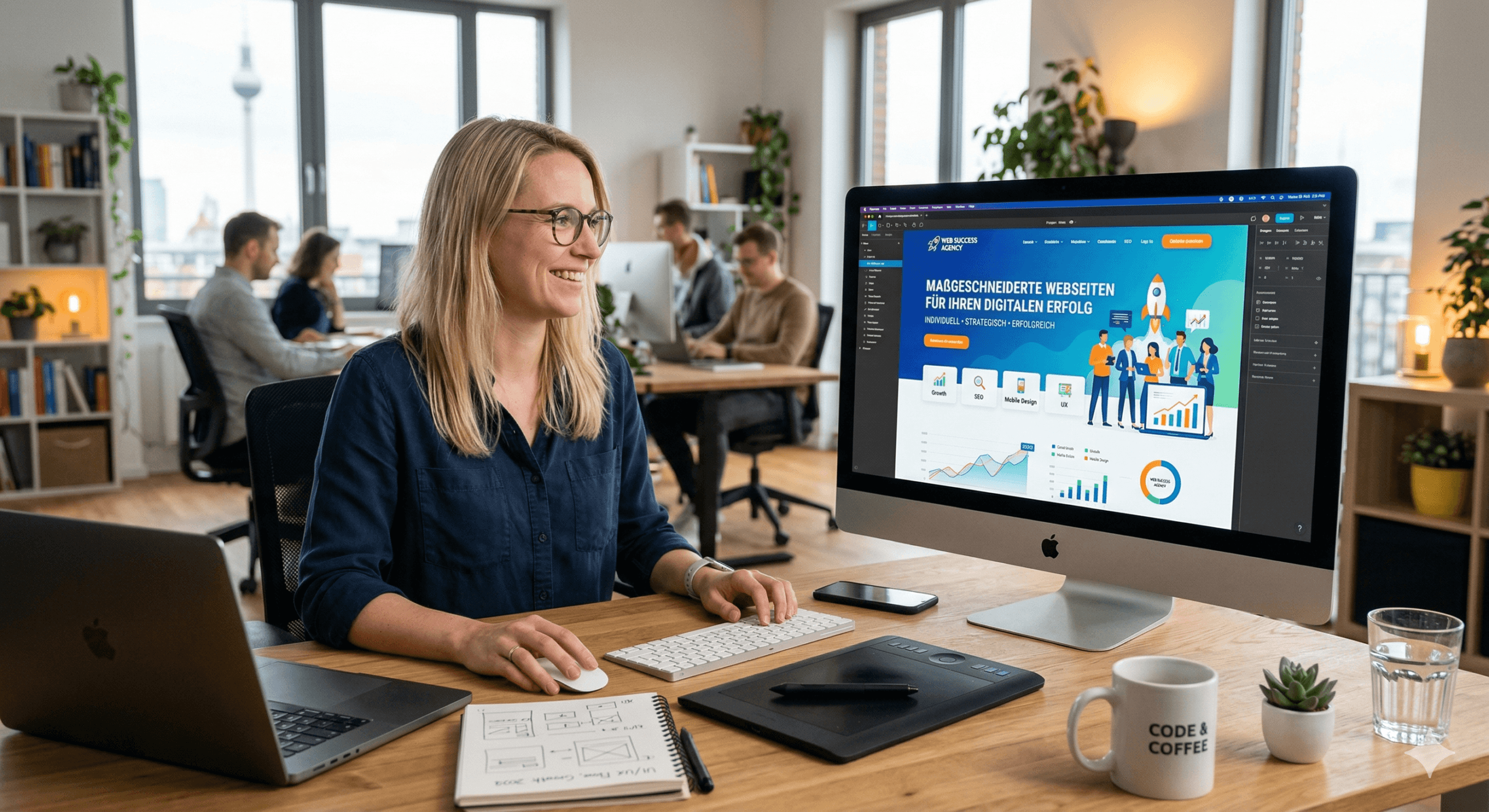 Webdesignerin am Schreibtisch mit einem großen Monitor, der ein Website-Mockup zeigt.
