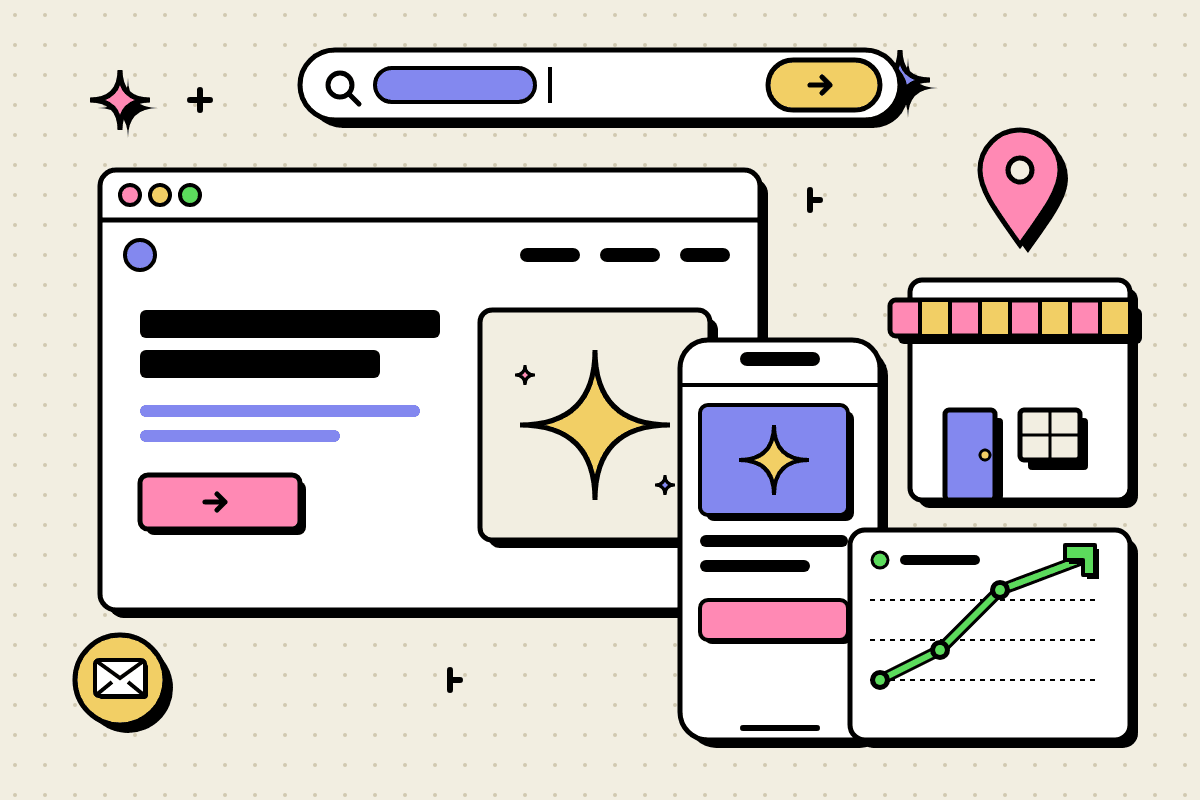Illustration einer Unternehmenswebsite mit Google-Suche, Smartphone und steigenden Anfragen